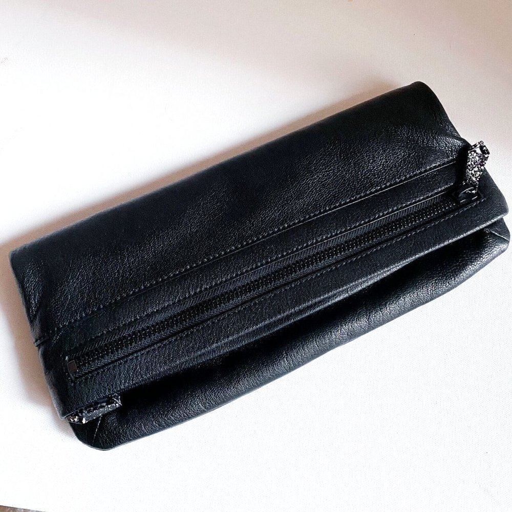 Christopher Kon Black Leather Convertible Fold Over Zip Detail Clutch